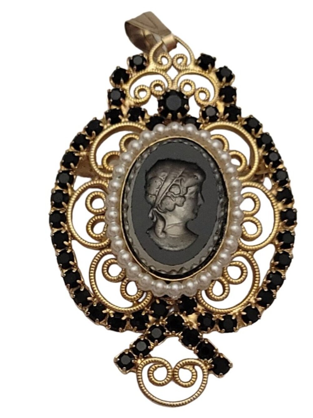 Gold Tone Faux Pearl Rhinestone Glass Intaglio Cameo Filigree Pin Pendant M831